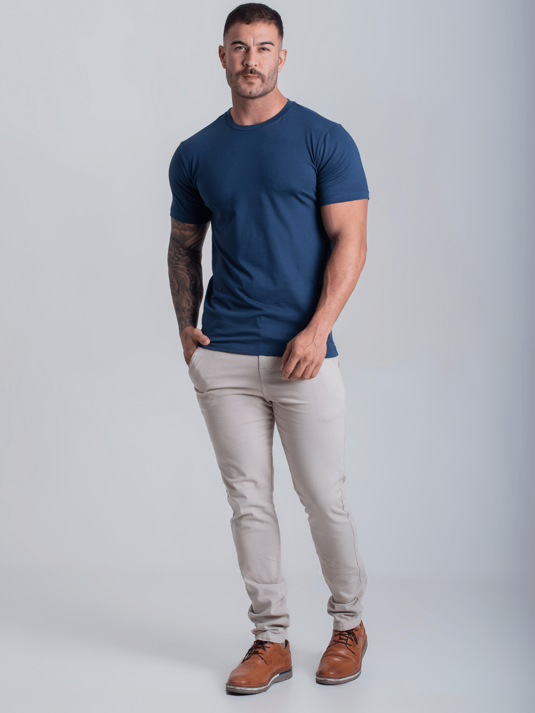 Camiseta Masculina Azul Com Elastano Algodão Egipcio Lisa