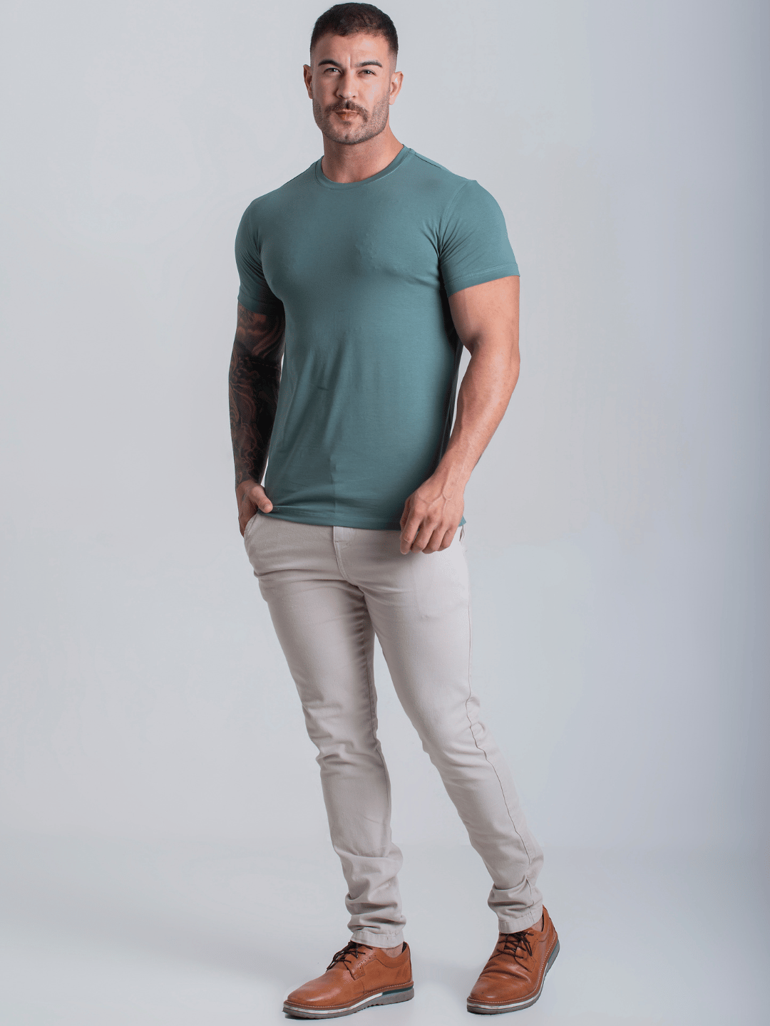 Camiseta Masculina C/ Elastano Verde Algodão Camisa Fio Egípcio