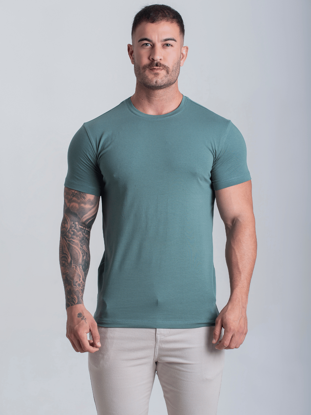 Camiseta Masculina C/ Elastano Verde Algodão Camisa Fio Egípcio