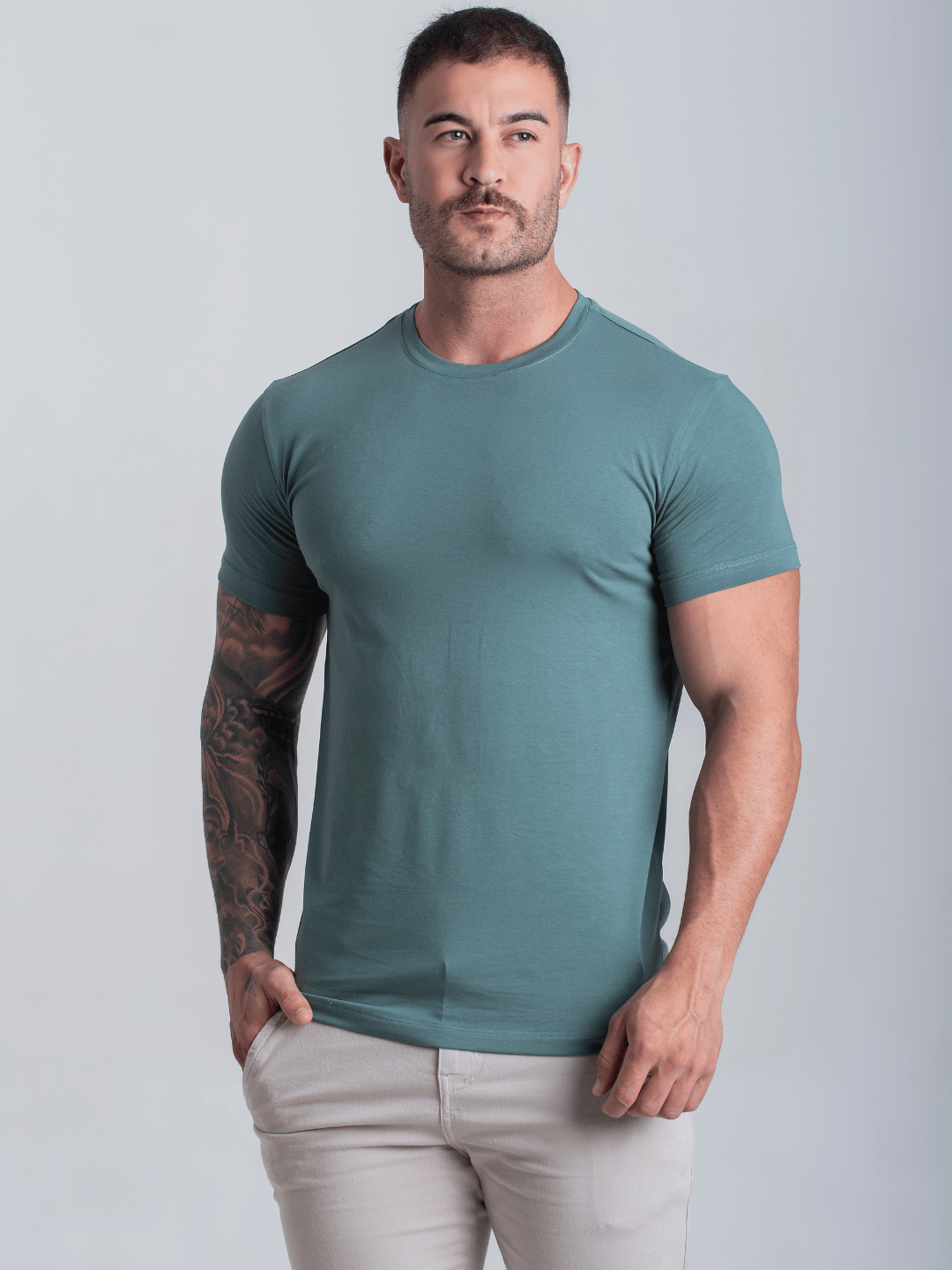 Camiseta  Masculina C/ Elastano Verde Algodão Camisa Fio Egípcio